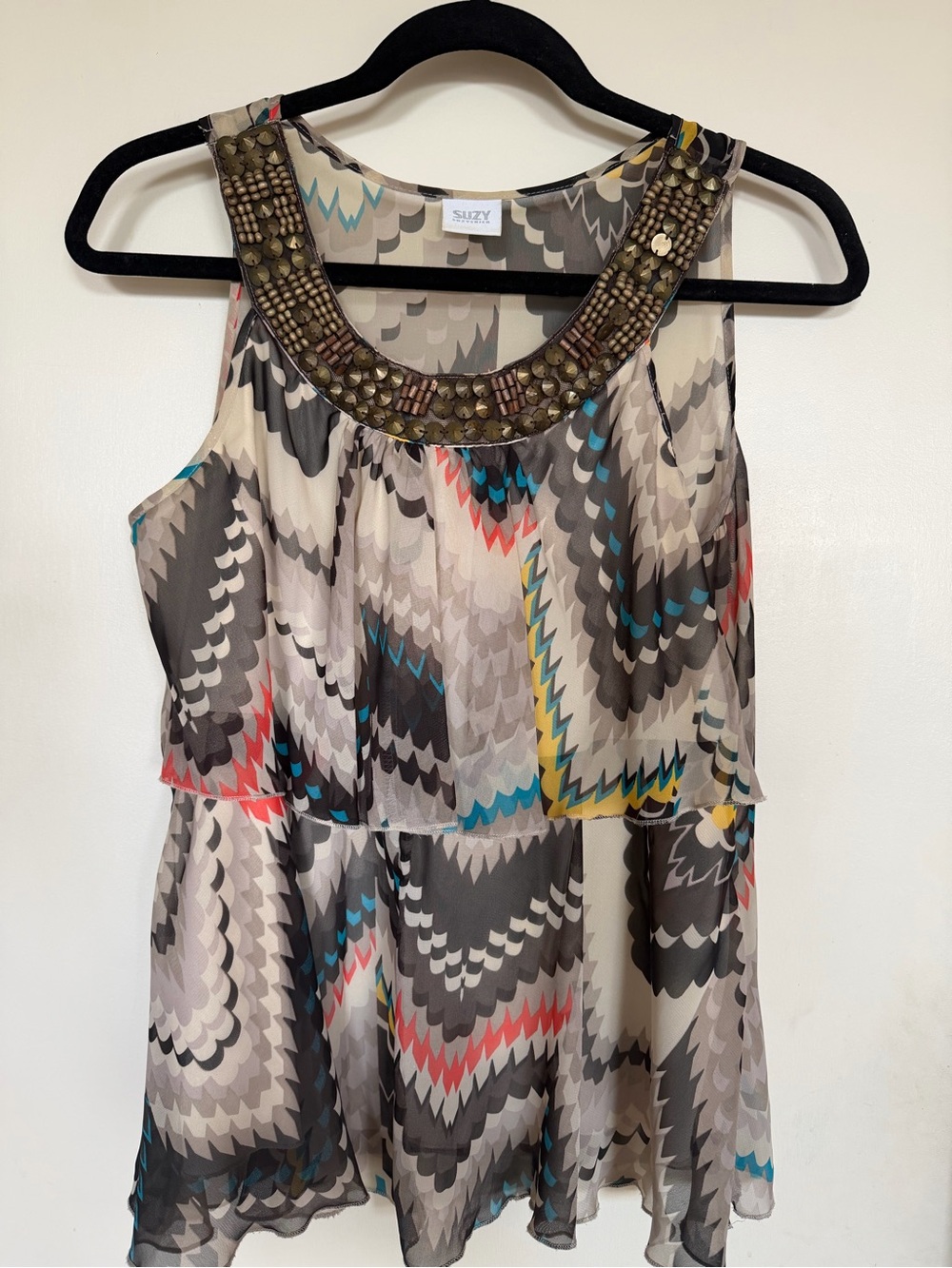 Suzy Shier Beaded Neckline Sheer Layered Geometric Tank Top Medium